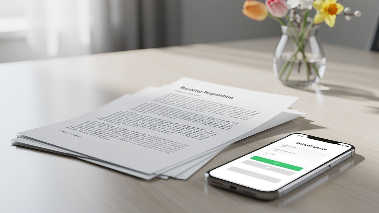Modern European banking regulation document on desk with smartphone showing instant payment notifica