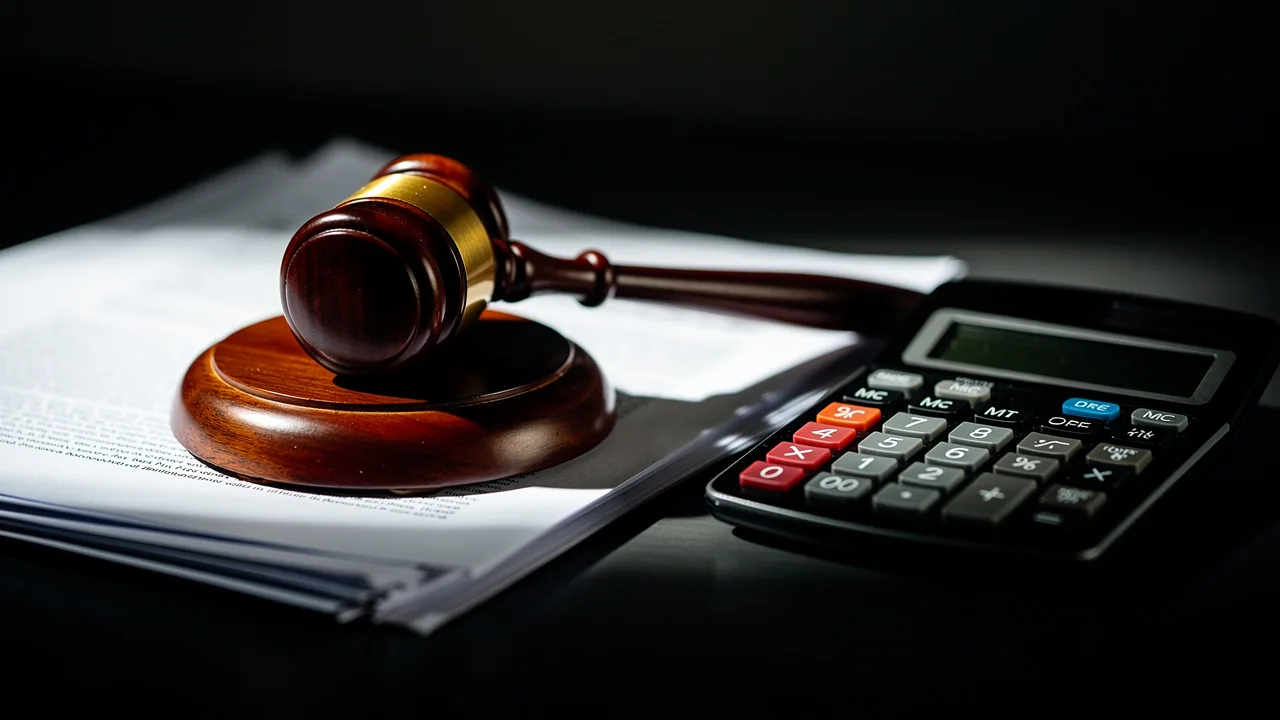 Mazo de juez sobre documentos financieros con calculadora al fondo
