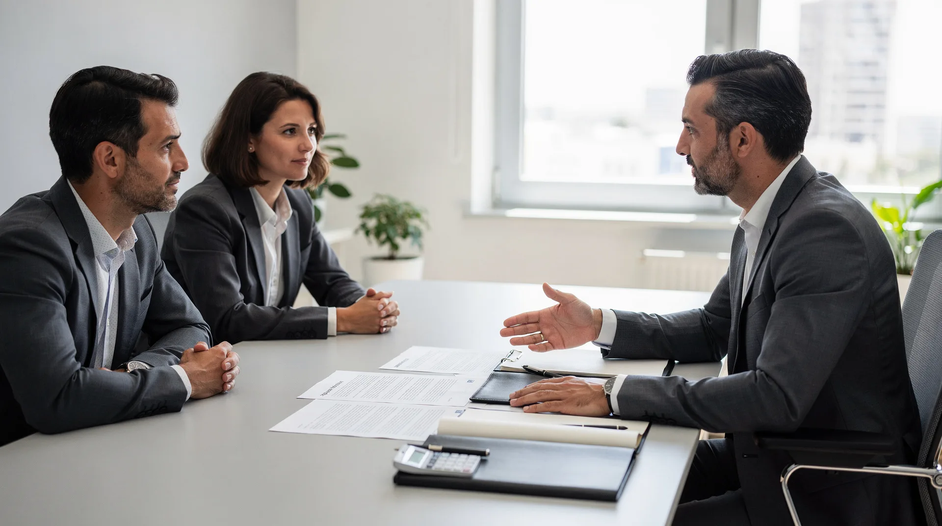 Professional financial advisor explaining new banking regulations to clients in modern Spanish offic