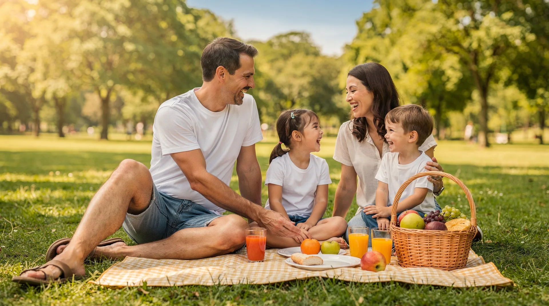 Familia con niños disfrutando de un picnic en un parque verde en verano