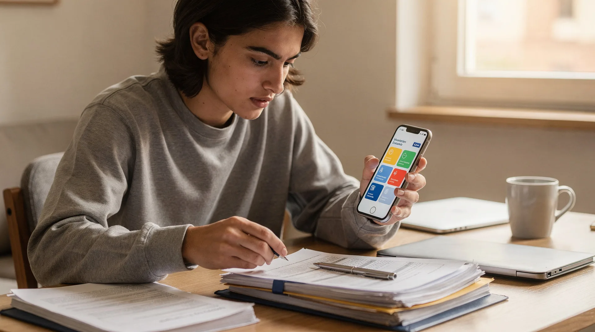 Persona joven consultando su móvil con varias apps bancarias abiertas mientras revisa documentos universitarios en casa