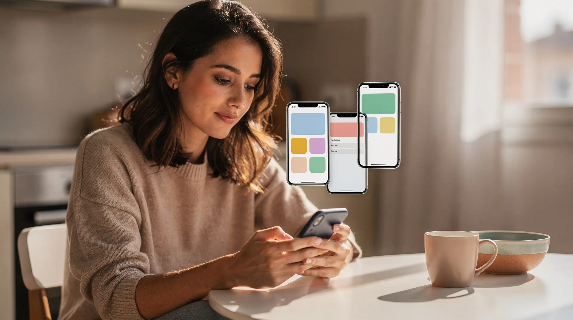 Persona mirando su móvil con varias apps bancarias abiertas, gestionando sus finanzas personales con open banking en España