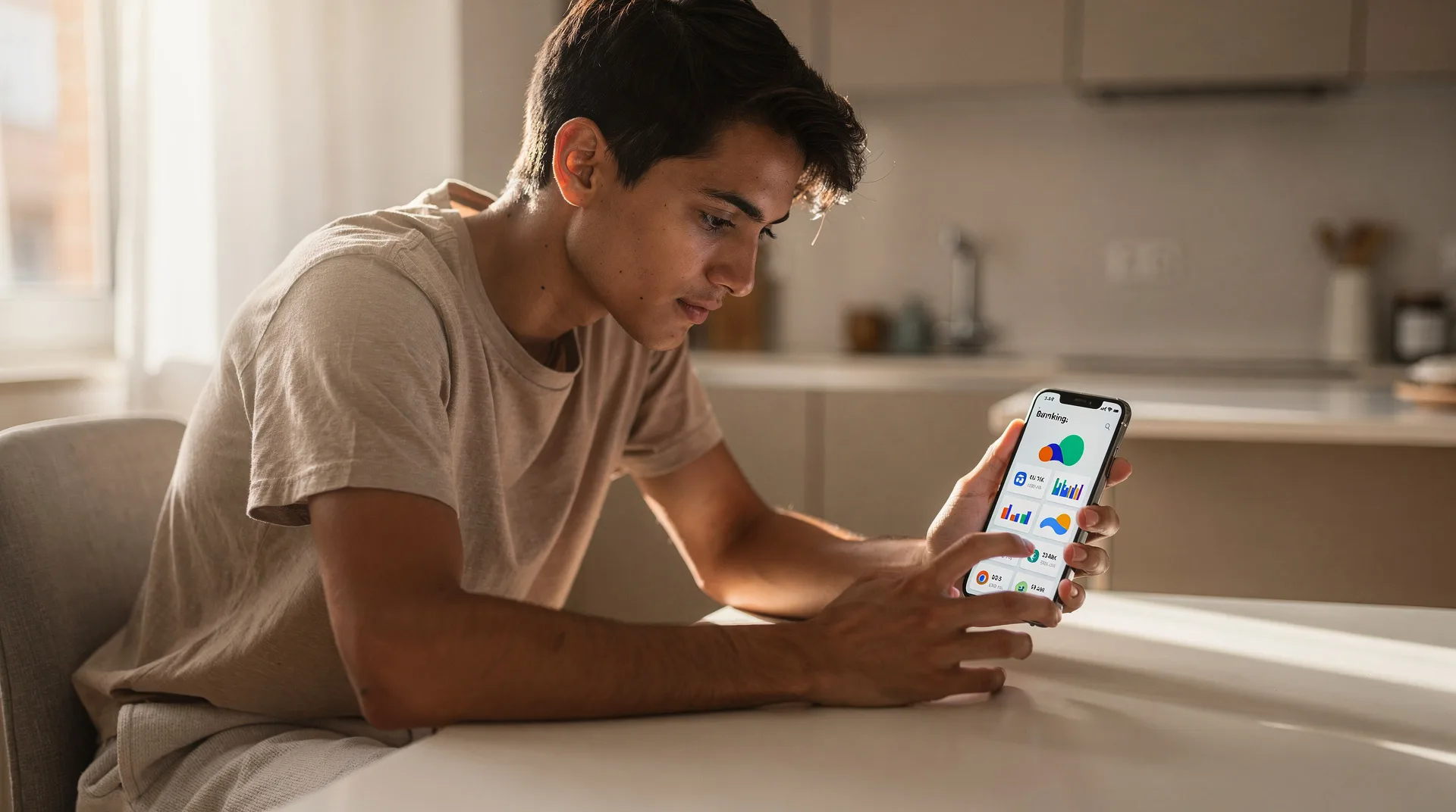 Persona usando el móvil para gestionar sus finanzas personales con una app bancaria en España en 2026
