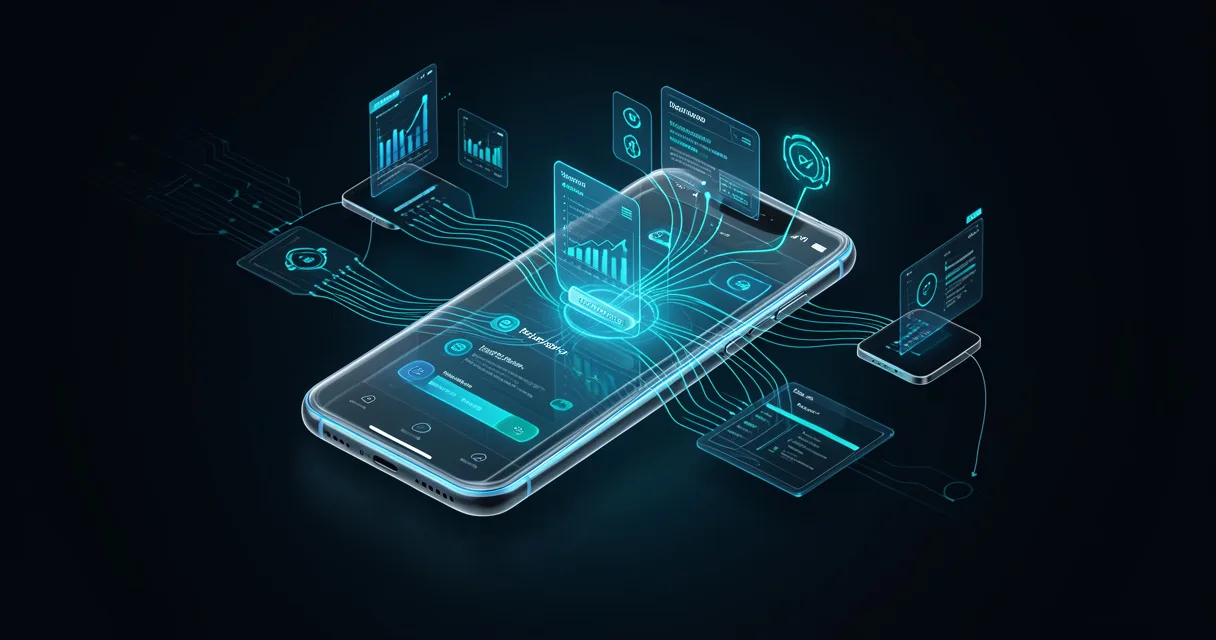 Concepto de banca digital con smartphone y flujos de datos holográficos