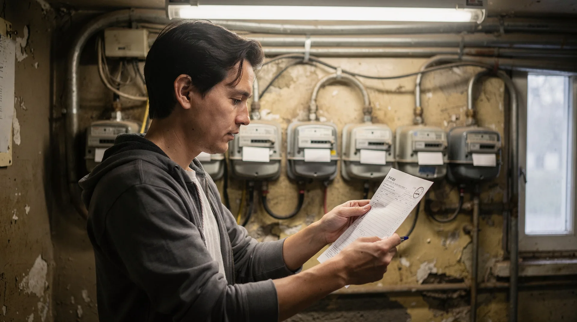 Persona comparando el número de su contador eléctrico con el documento de la factura de la luz