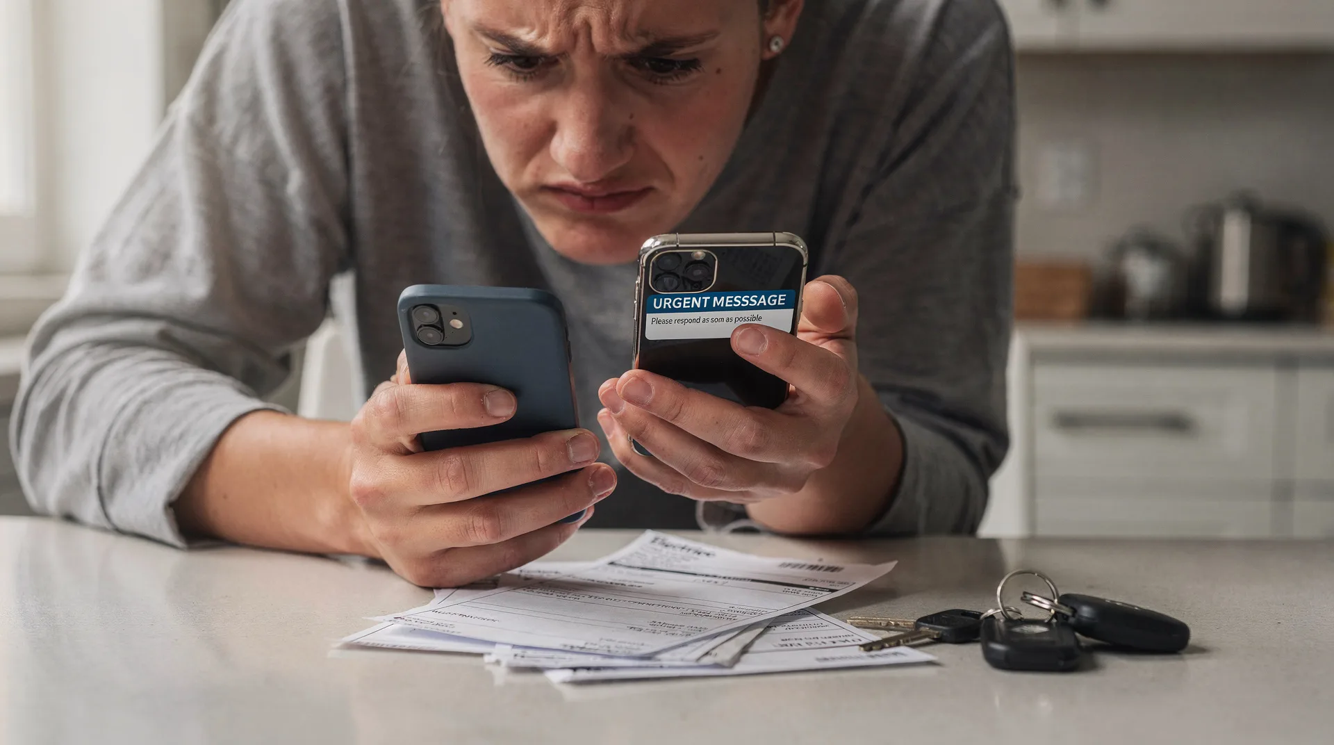 Persona mirando con desconfianza un SMS en el móvil que simula ser un mensaje urgente de su banco