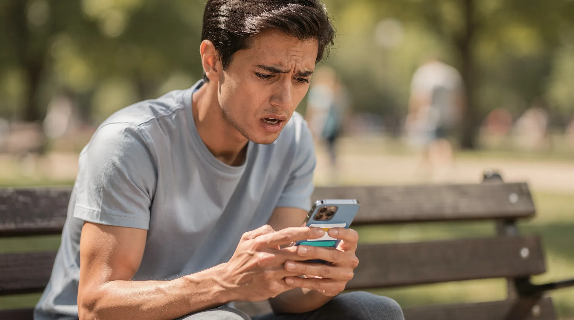 Persona mirando el móvil con cara de alerta al recibir un SMS sospechoso de su banco en verano