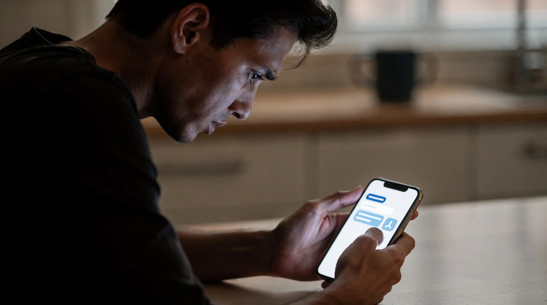 Persona mirando su móvil con expresión de alerta ante un SMS sospechoso que simula ser su banco