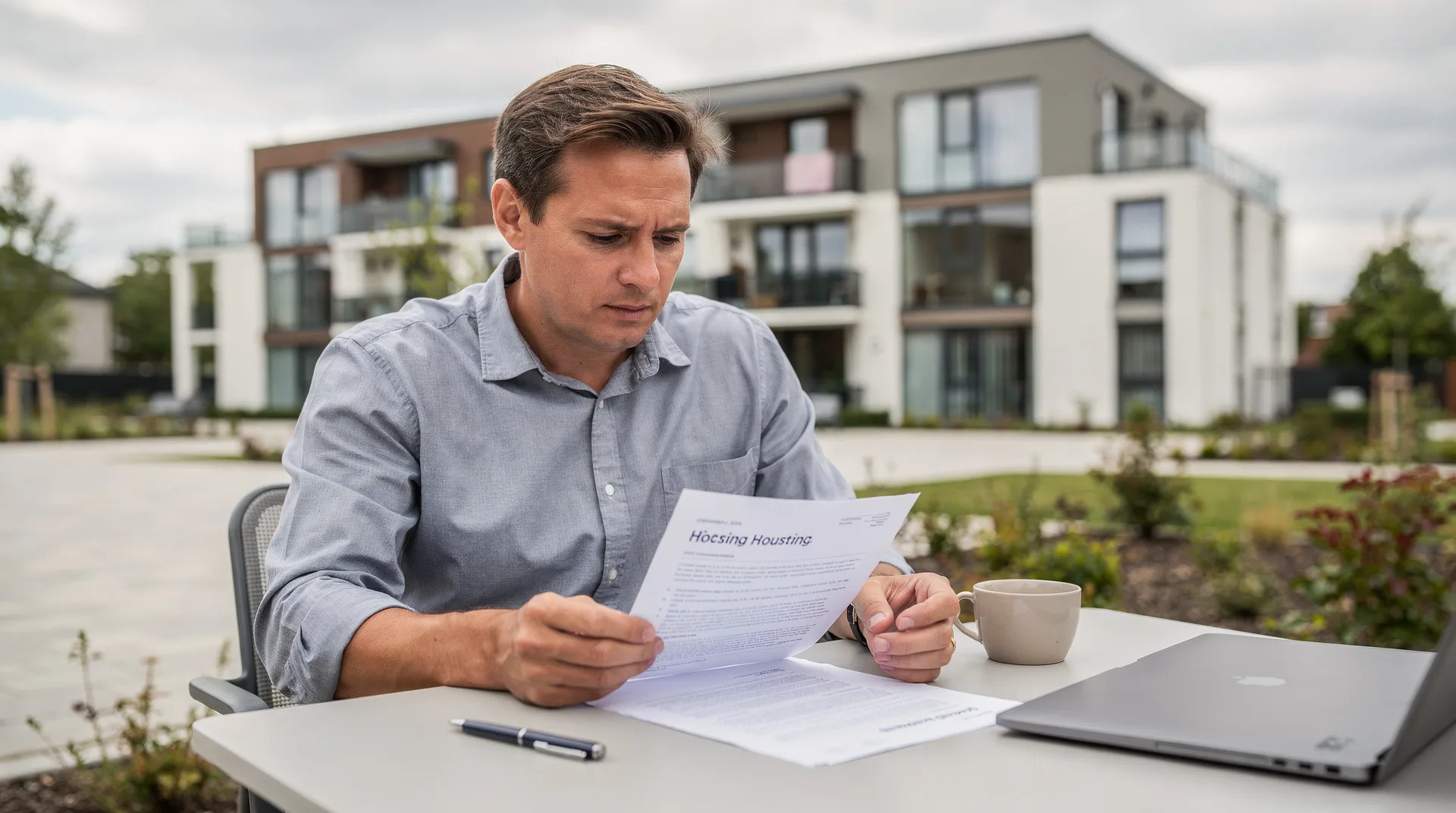 Persona adulta revisando documentos de vivienda protegida frente a un edificio de nueva construcción