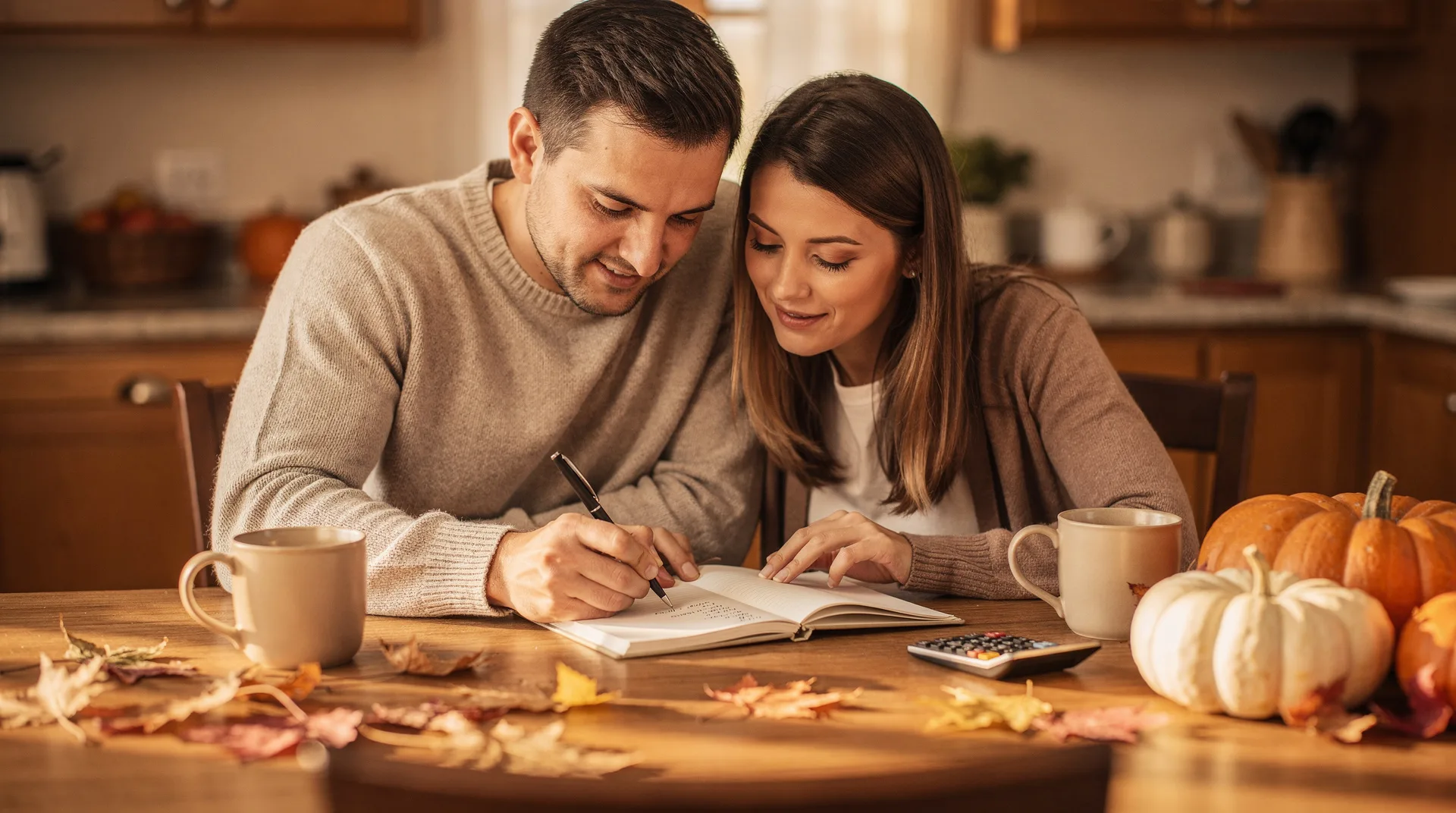 Familia revisando una lista de gastos navideños junto a una mesa con adornos de otoño y una libreta de presupuesto