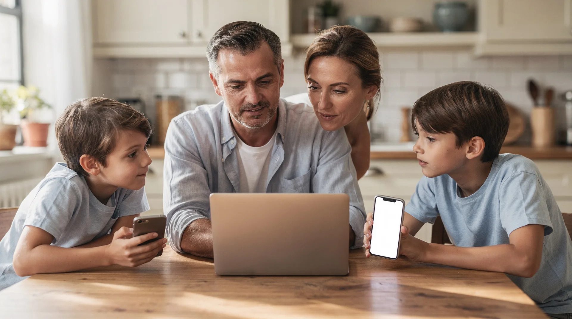 Familia consultando facturas de móvil e internet en casa durante el verano para comparar tarifas y ahorrar