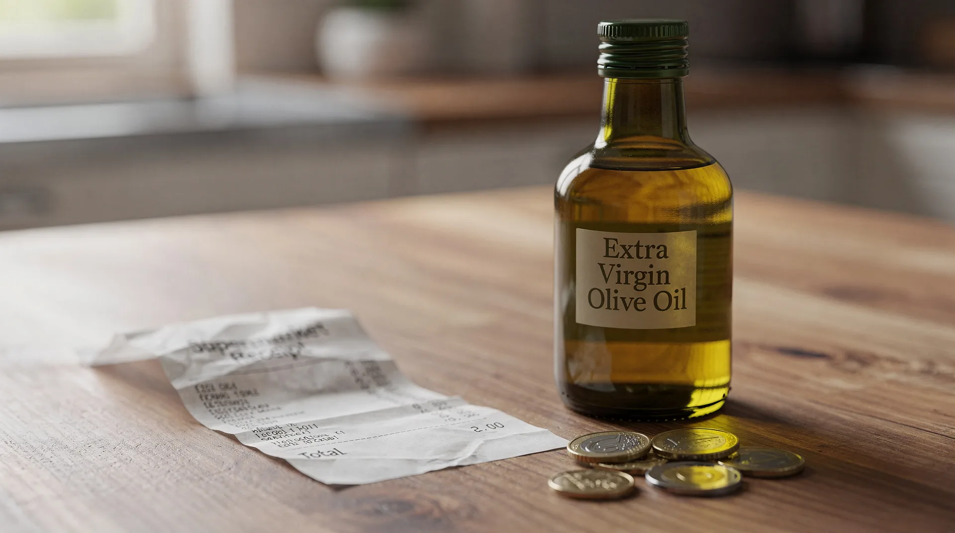 Botella de aceite de oliva virgen extra junto a un ticket de supermercado y monedas sobre una mesa de cocina
