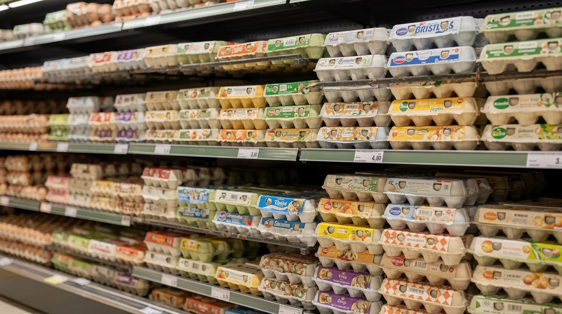 Lineal de huevos en un supermercado español con distintas marcas y precios visibles
