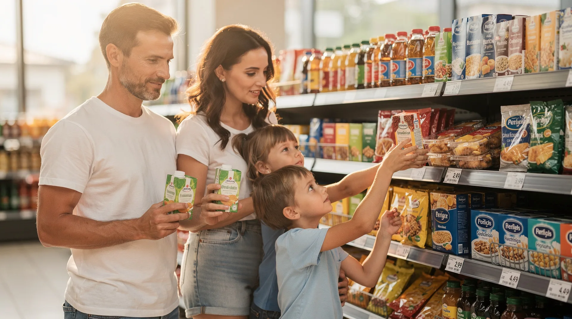 Familia mirando etiquetas de precio en el lineal de un supermercado en agosto, comparando productos de distintos formatos