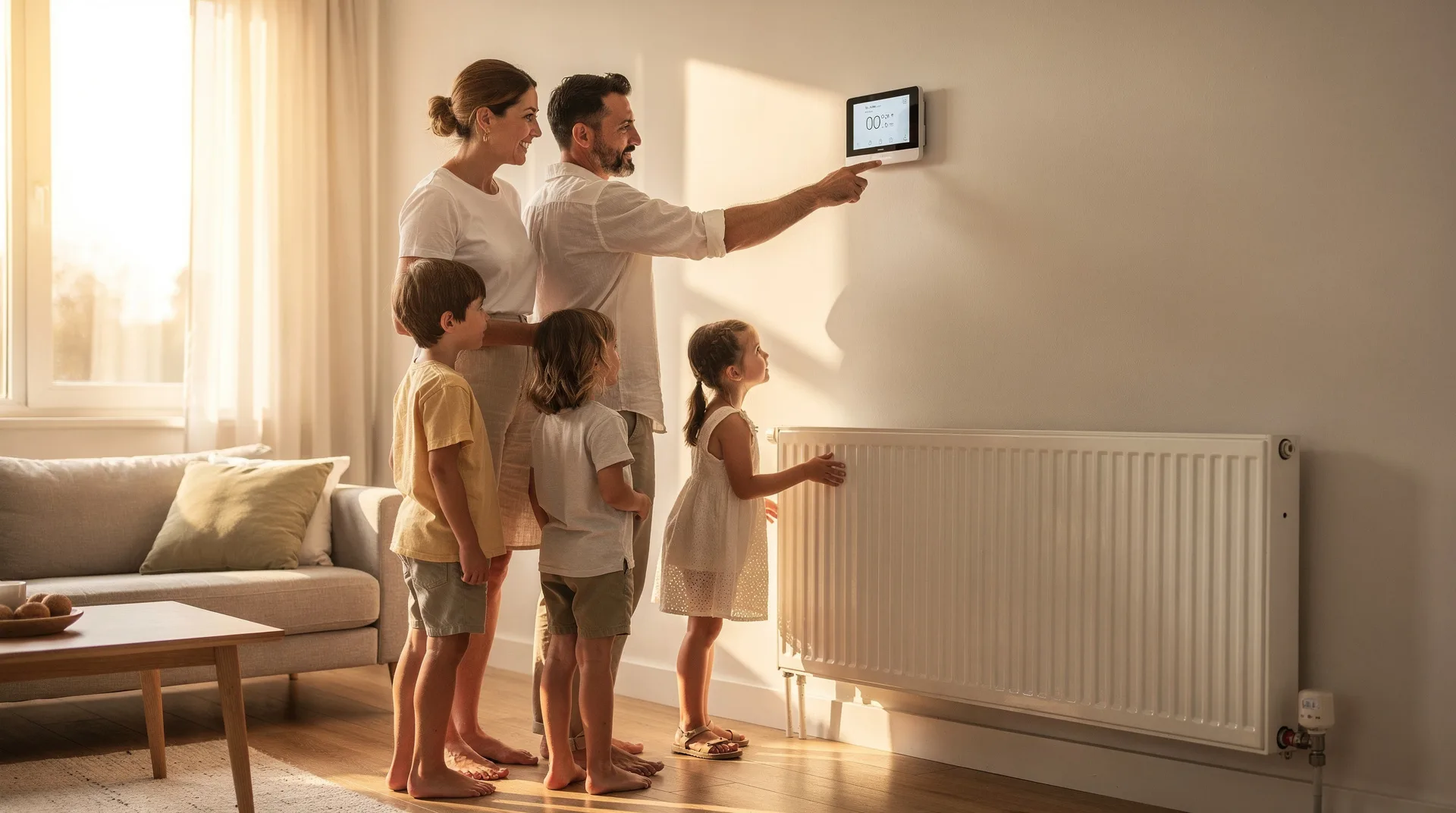 Familia revisando el termostato de la calefacción en casa durante el verano, preparándose para el invierno