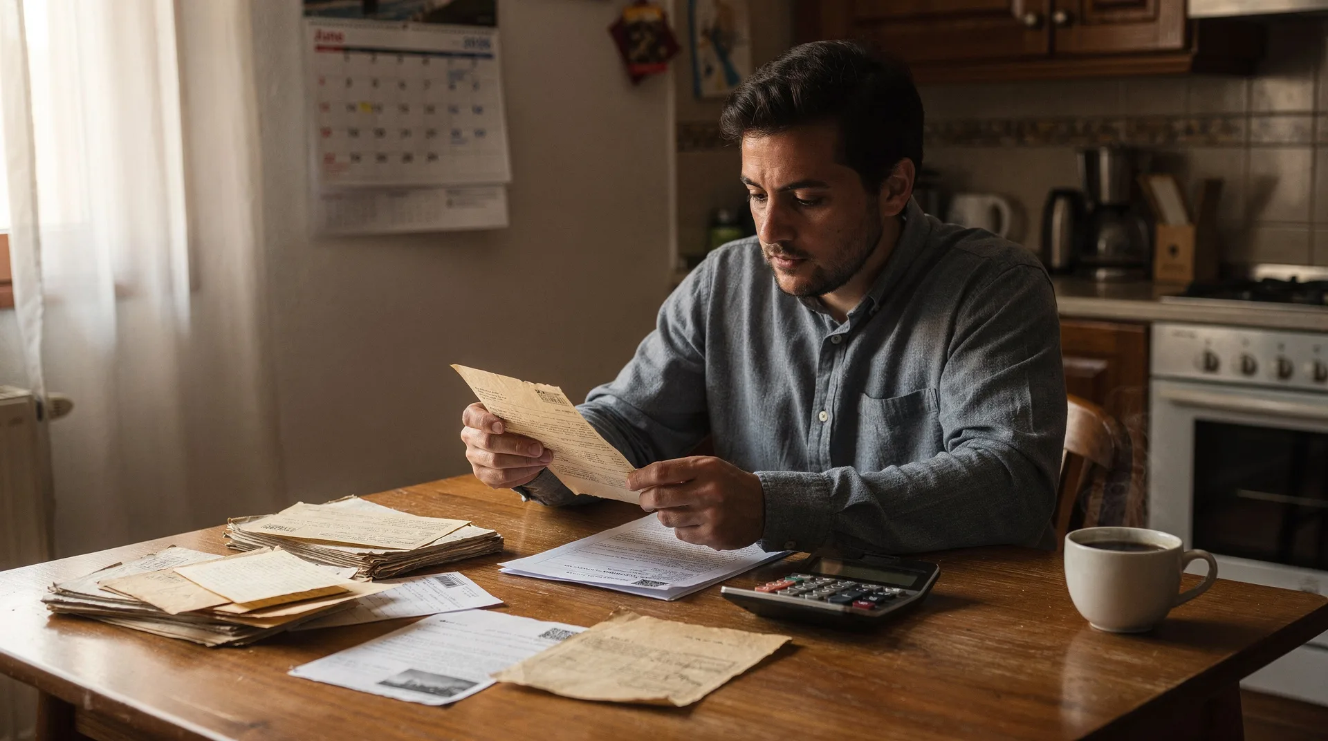 Persona revisando documentos de deuda antigua en una mesa con calendario y calculadora, ambiente tranquilo de hogar español