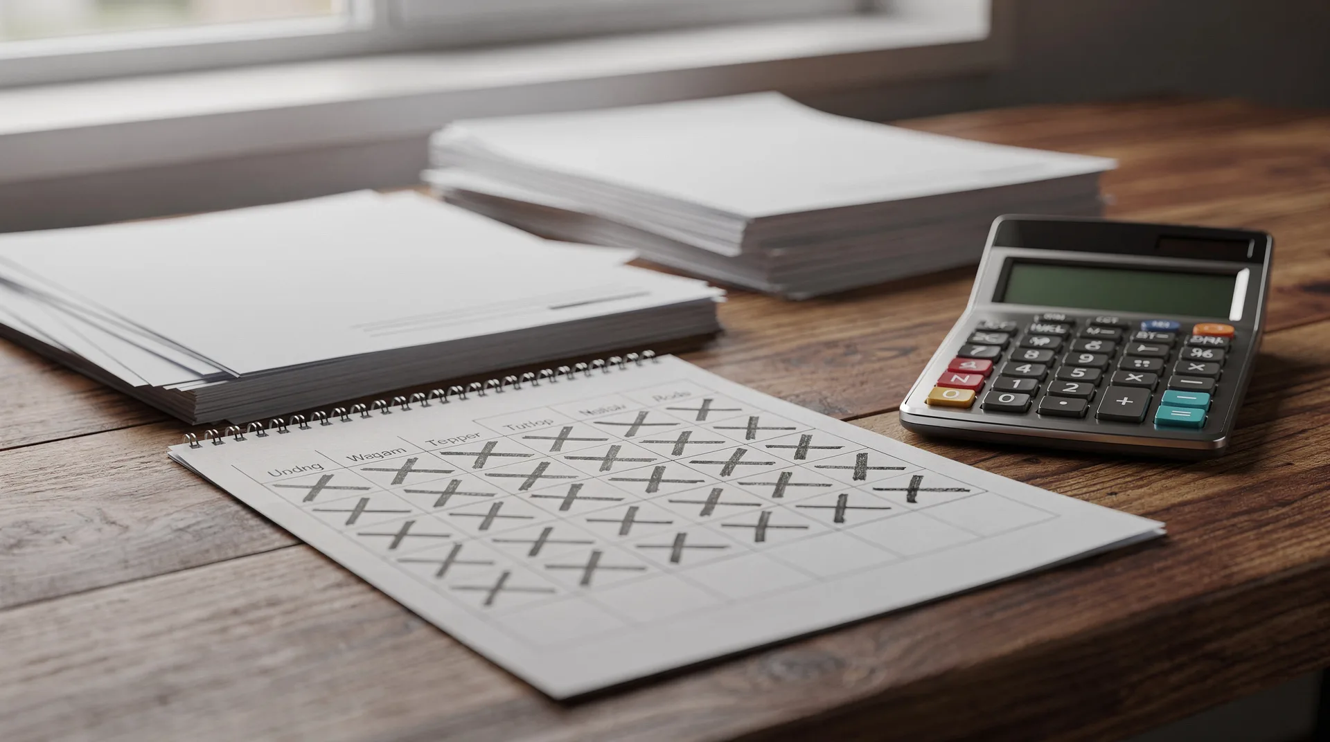 Close-up of a calendar with crossed-out dates, legal documents and a calculator on a wooden desk, na