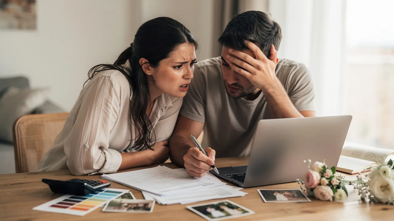 Young Spanish couple looking worried while reviewing wedding budget documents and calculator on tabl