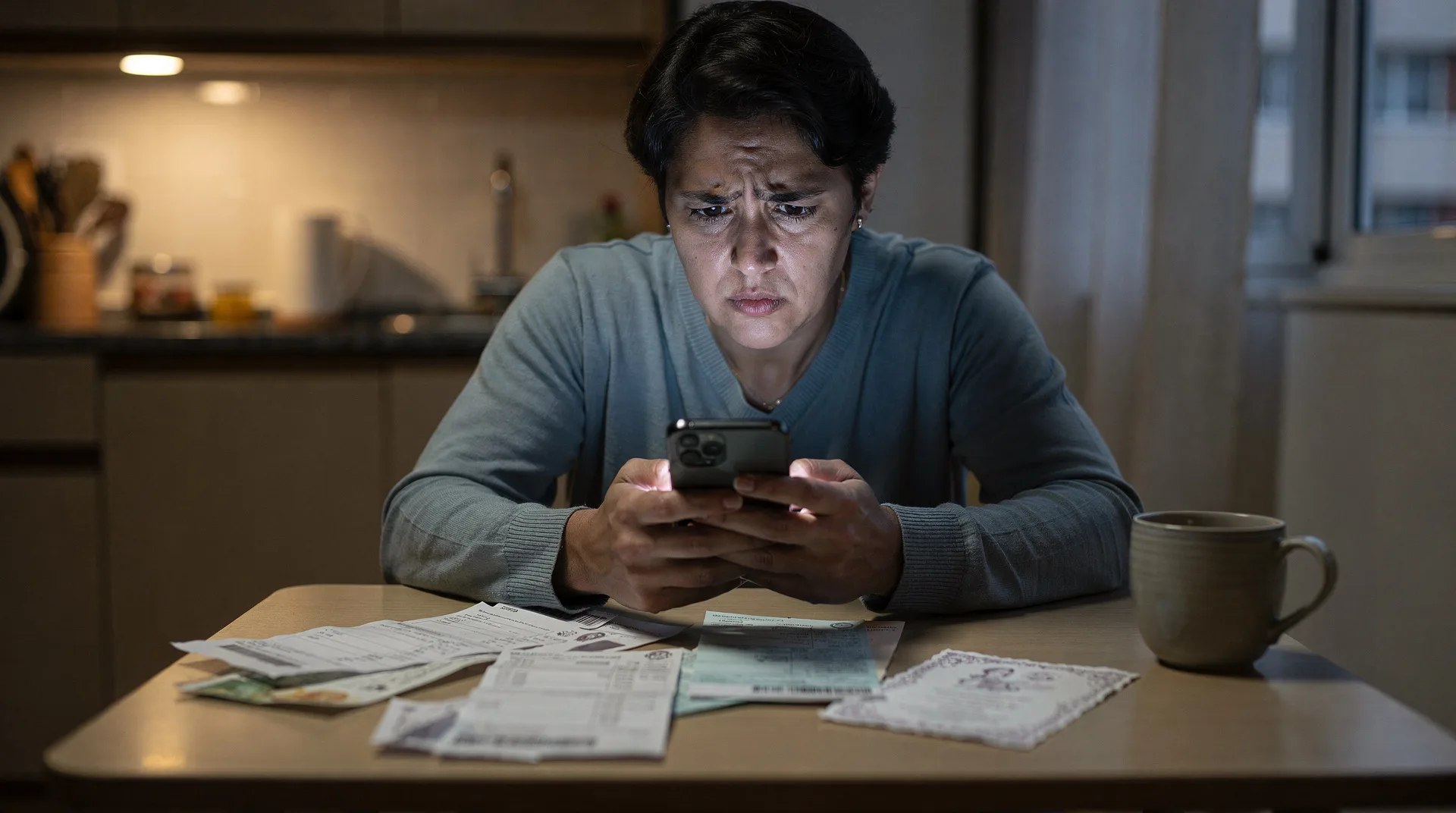 Worried Spanish parent looking at smartphone with WhatsApp message while sitting at kitchen table wi