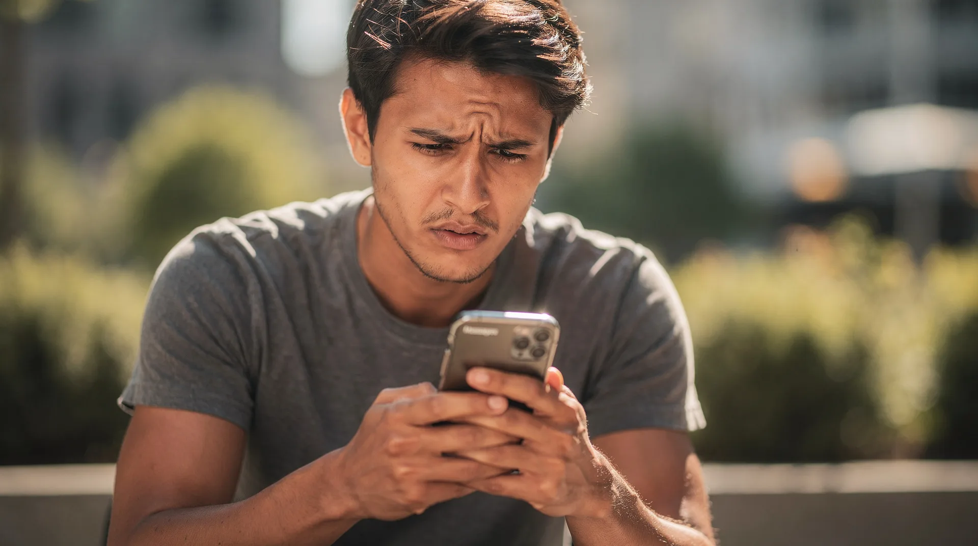 Persona mirando el móvil con cara de alerta al recibir un mensaje sospechoso de préstamo por WhatsApp