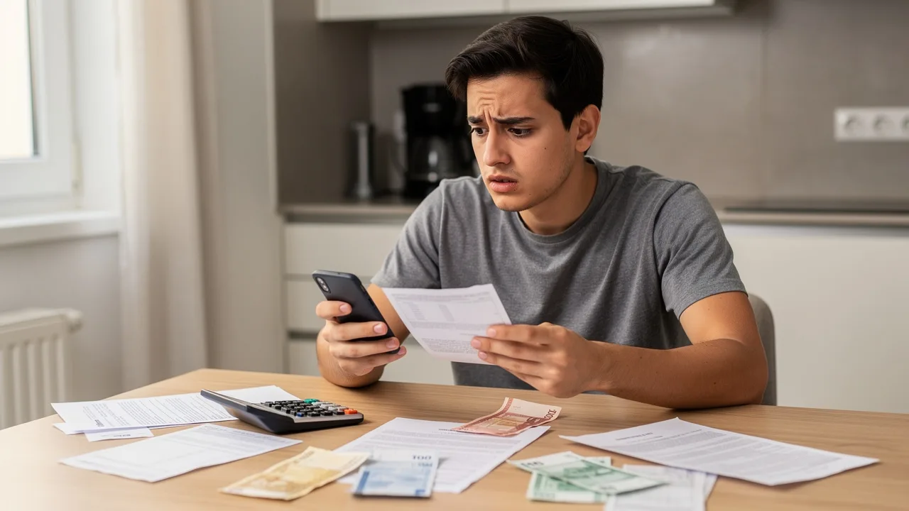 Young Spanish person looking confused while reading financial documents on smartphone, calculator an