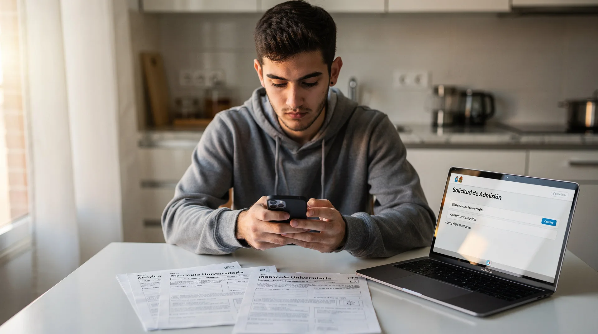 Estudiante joven revisando opciones de financiación en el móvil con documentos de matrícula universitaria sobre la mesa