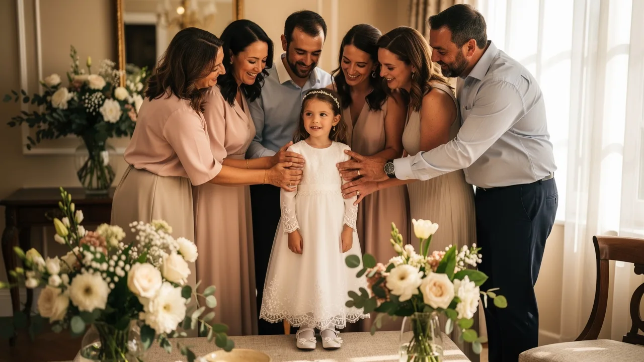 Spanish family at first communion celebration, parents and relatives gathered around young child in 