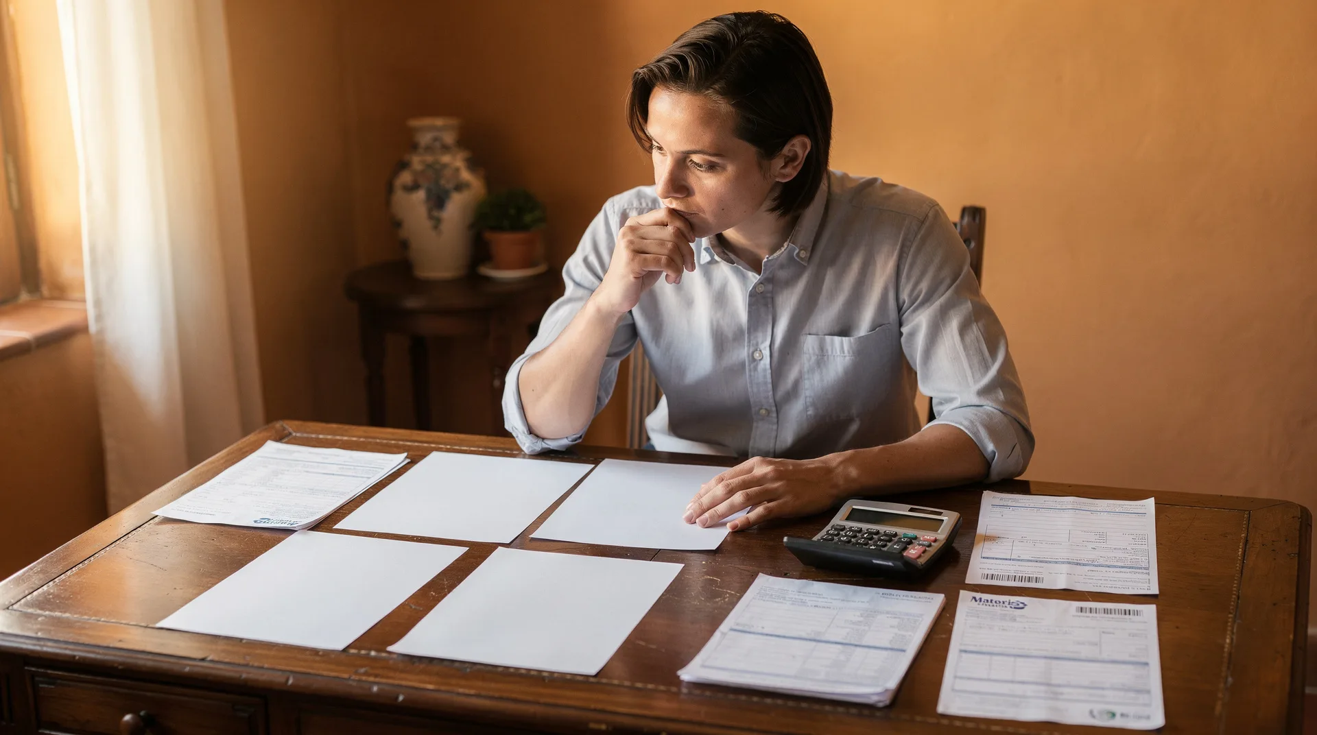 Persona revisando documentos de préstamos y calculadora sobre mesa, organizando sus deudas en casa