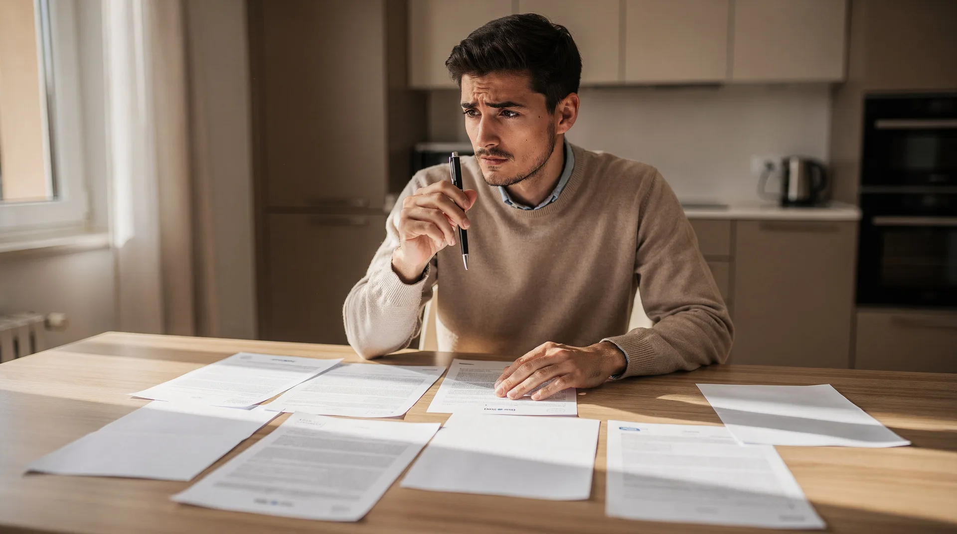 Persona revisando varios contratos de deuda en una mesa con calculadora, buscando una solución financiera.
