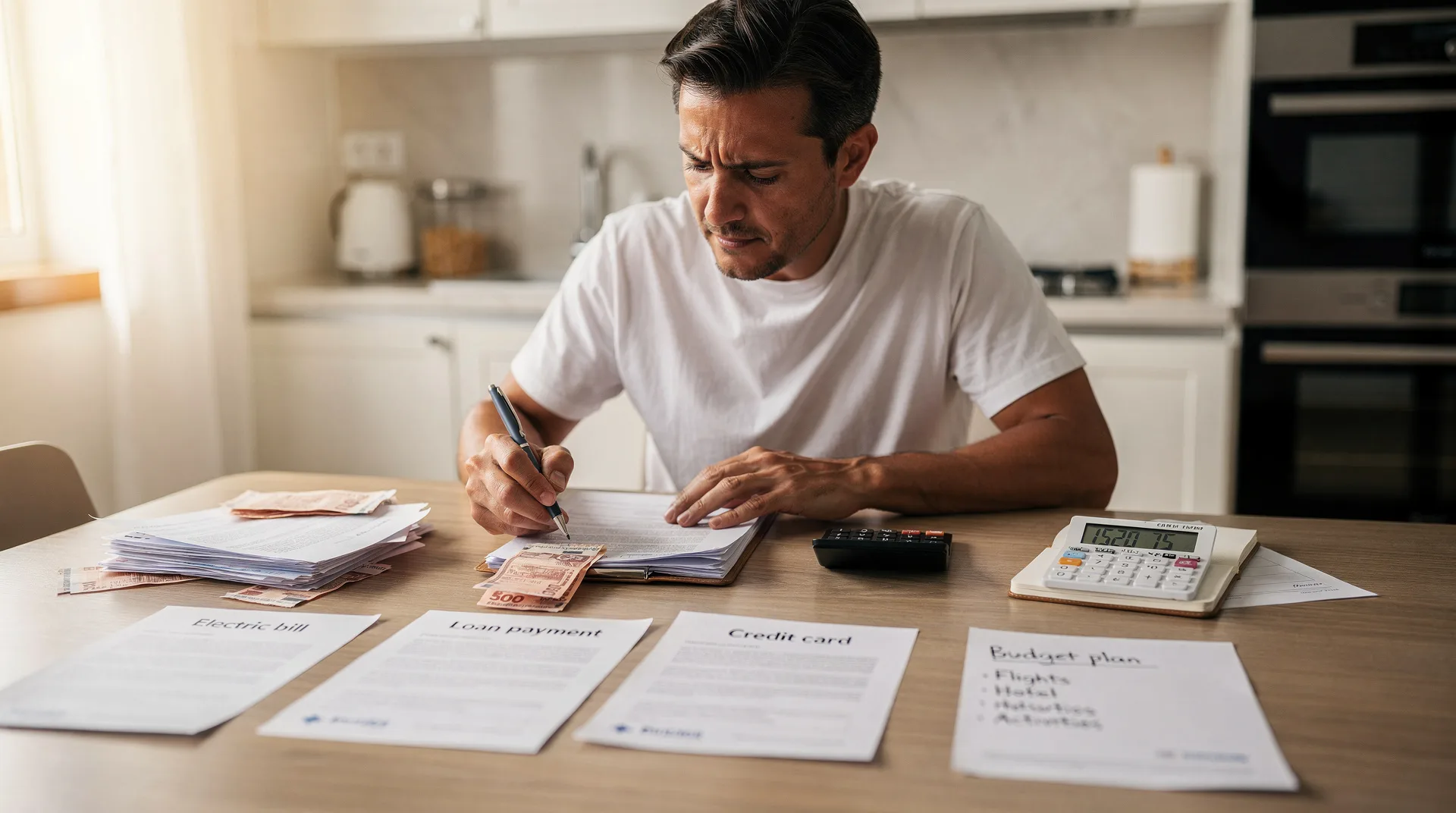 Persona en España revisando facturas y documentos de préstamos en una mesa, con calculadora y café, buscando organizar sus deudas antes del verano