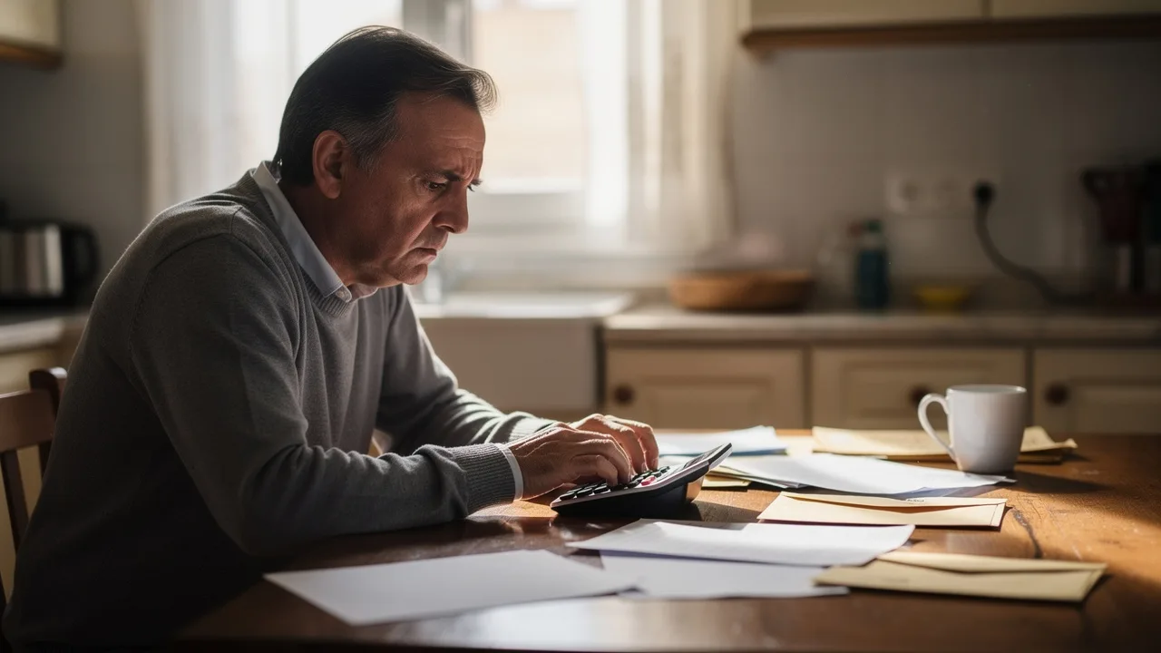 Middle-aged Spanish person at kitchen table with calculator, bills and bank statements spread out, w