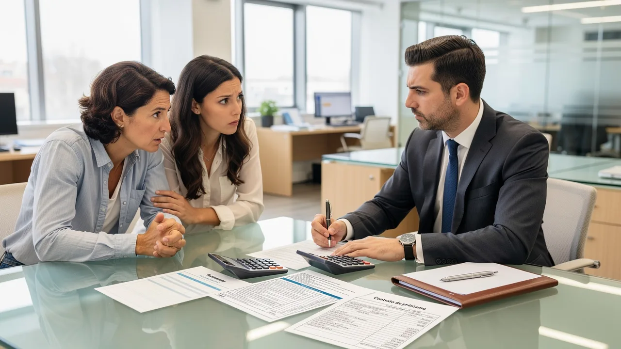 Professional financial advisor meeting with Spanish couple at modern bank office, calculator and loa