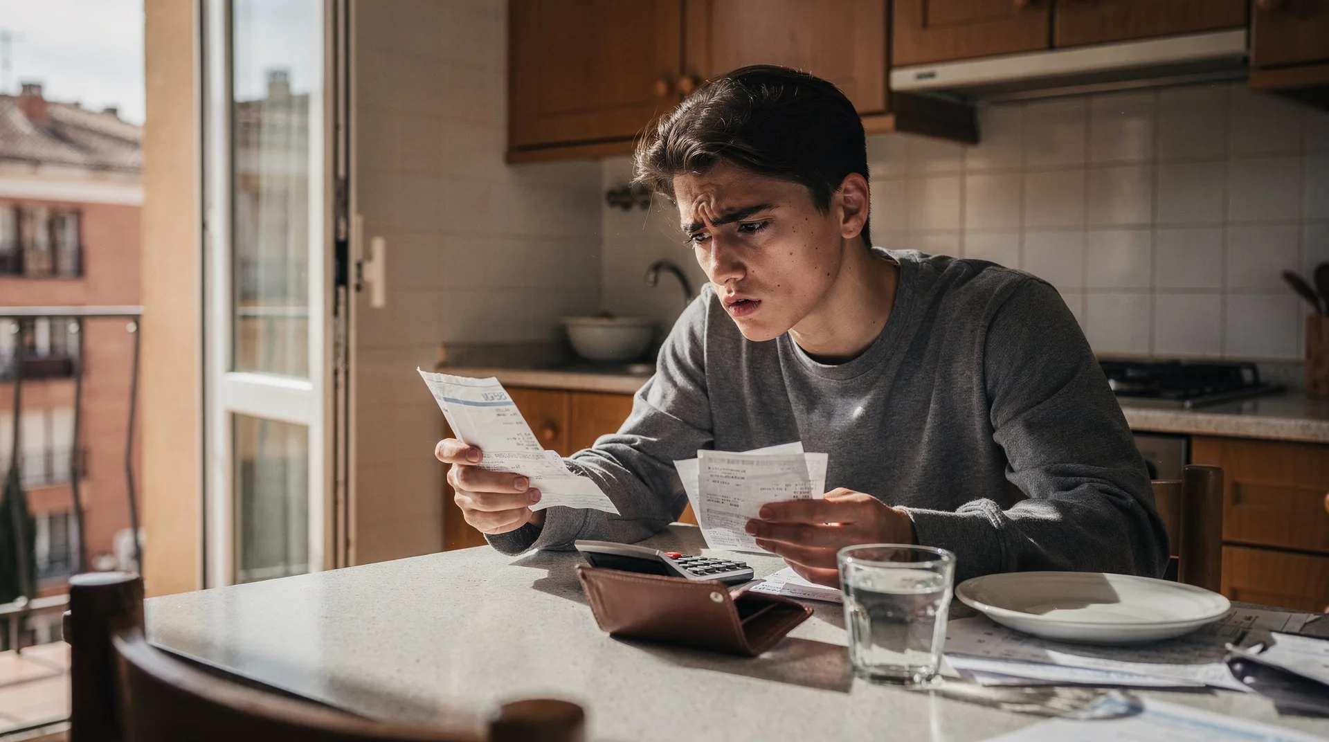 Realistic photo of a worried young person checking bills and calculator on kitchen table with empty 