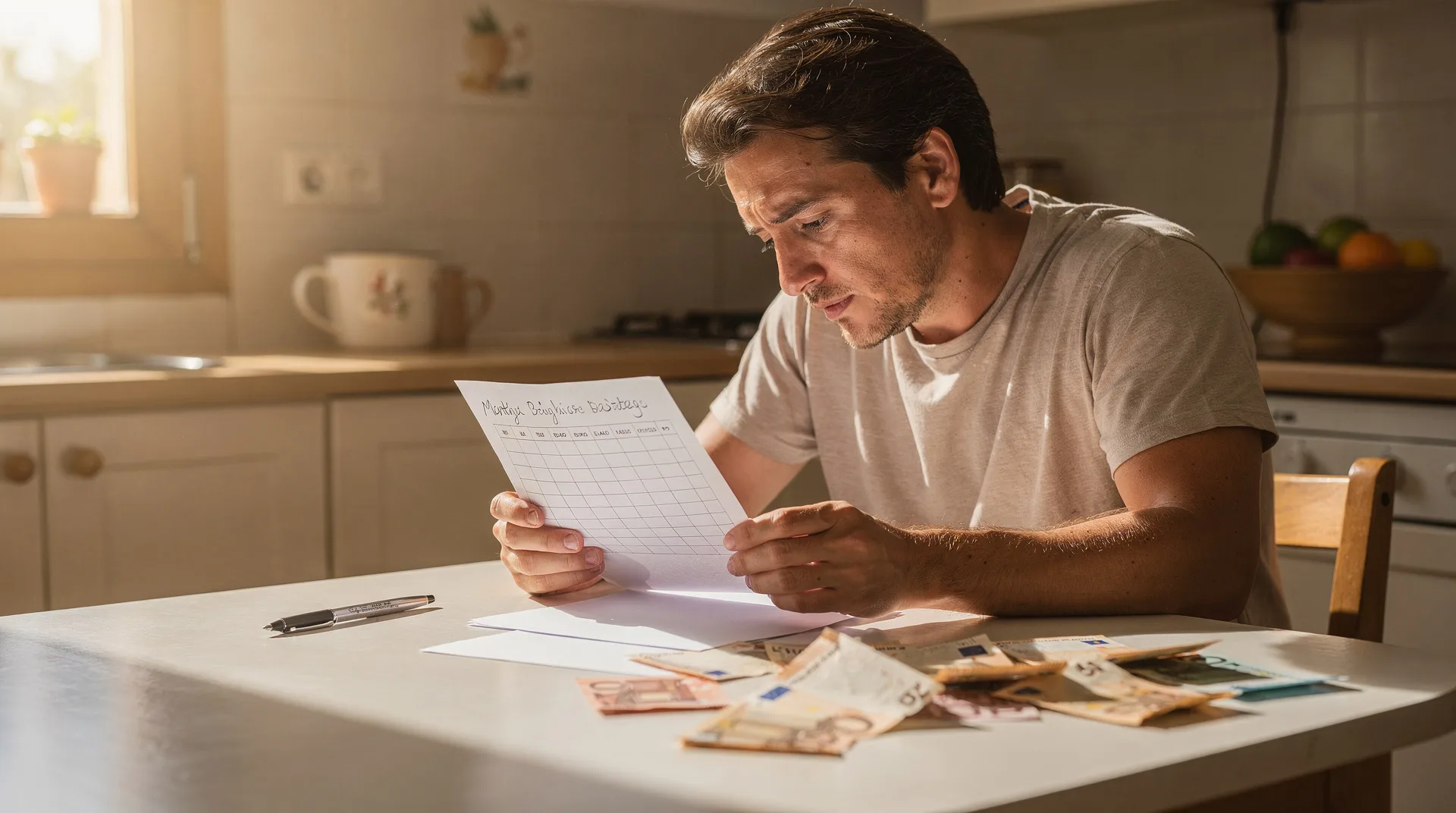 Persona revisando su presupuesto mensual en papel con billetes de euro sobre la mesa, preparando las vacaciones de verano.