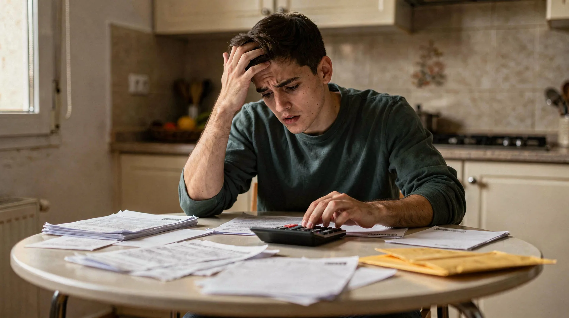 Spanish young person looking worried while checking bills and calculator on kitchen table with paper