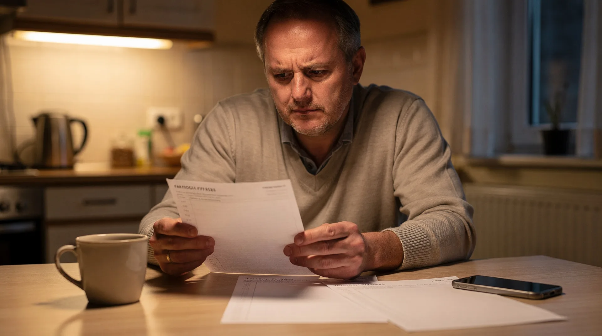 Trabajador revisando su nómina junto a una lista de gastos mensuales con precios al alza