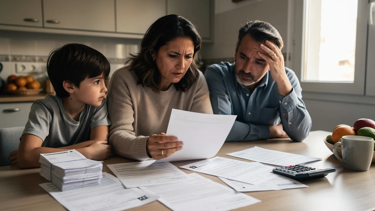 Spanish family looking worried while reading medical insurance documents at kitchen table, bills and