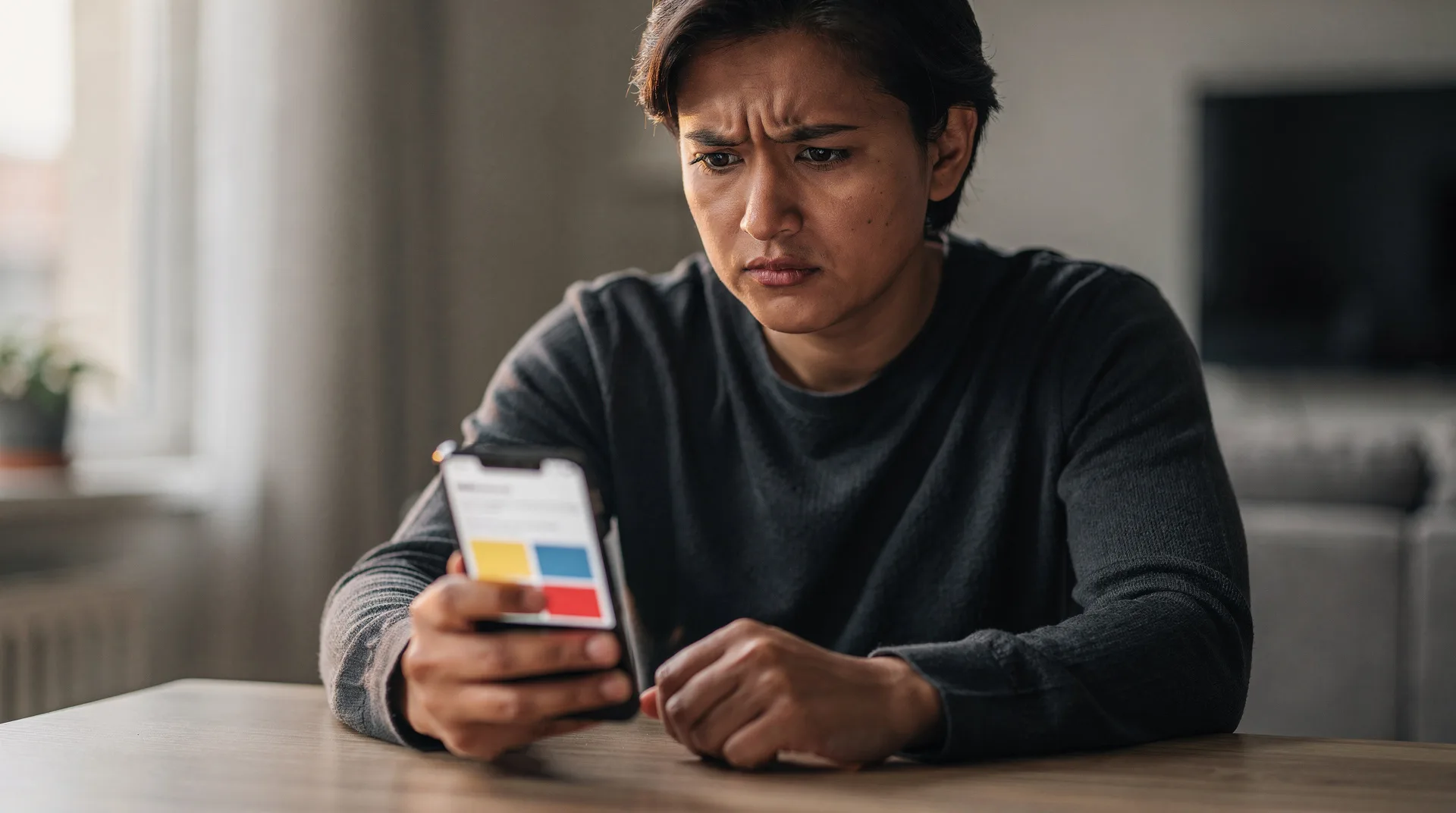 Persona mirando con desconfianza una web de préstamos en el móvil, buscando señales de alerta antes de solicitar dinero