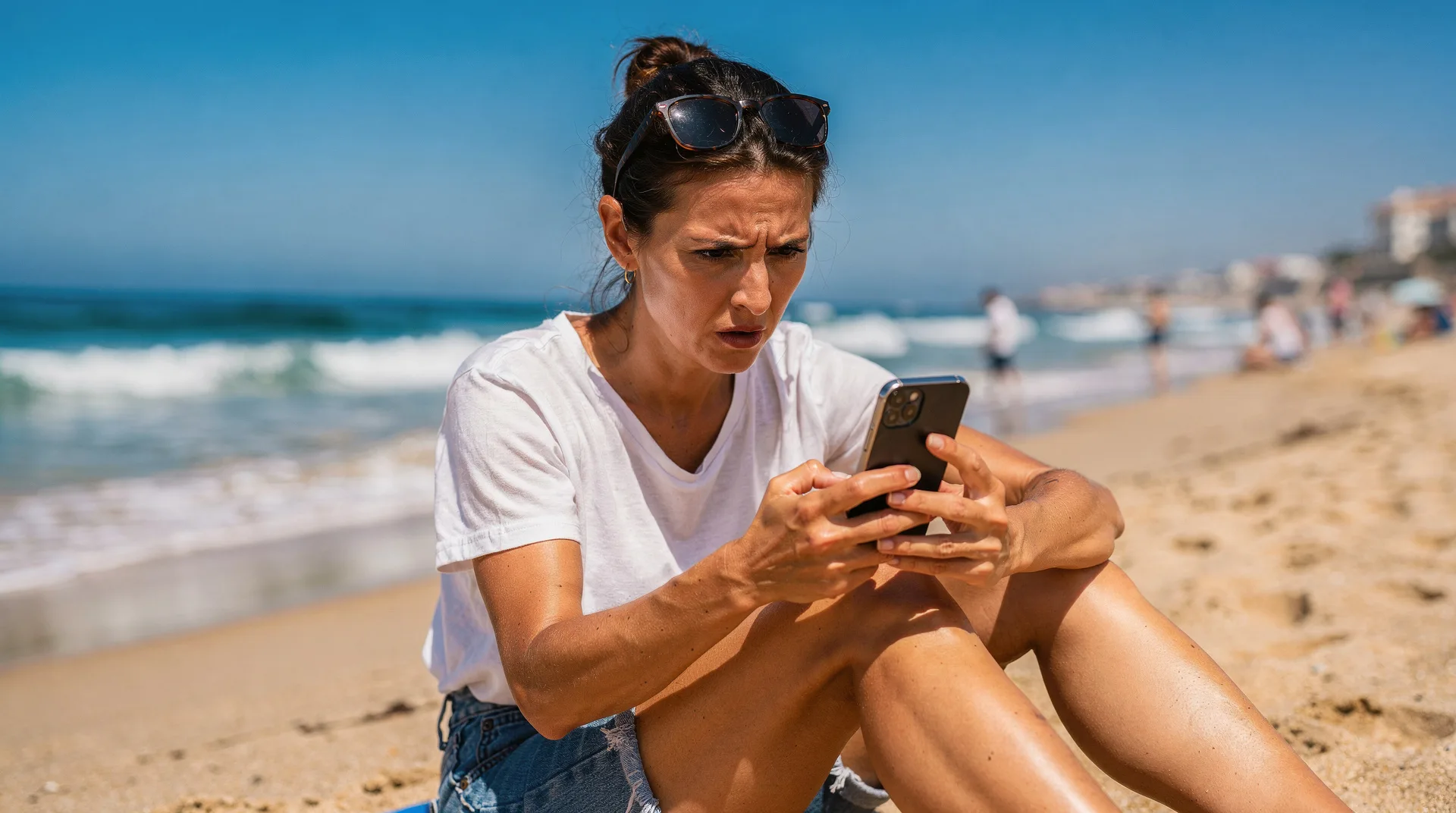 Persona mirando con desconfianza una web de préstamos en el móvil mientras está en la playa en verano