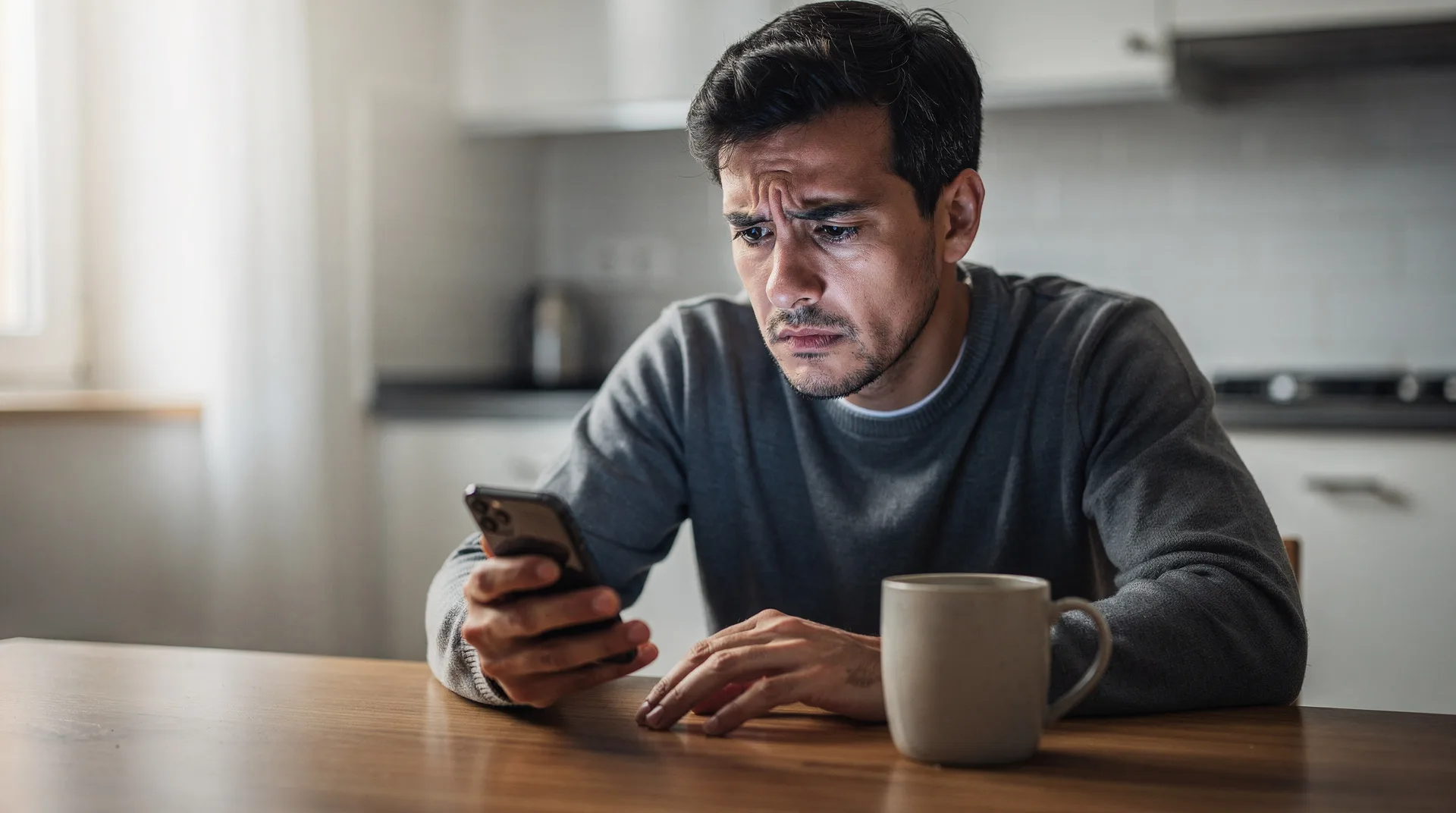 Persona mirando su móvil con expresión de alerta ante un mensaje sospechoso de una supuesta financiera online