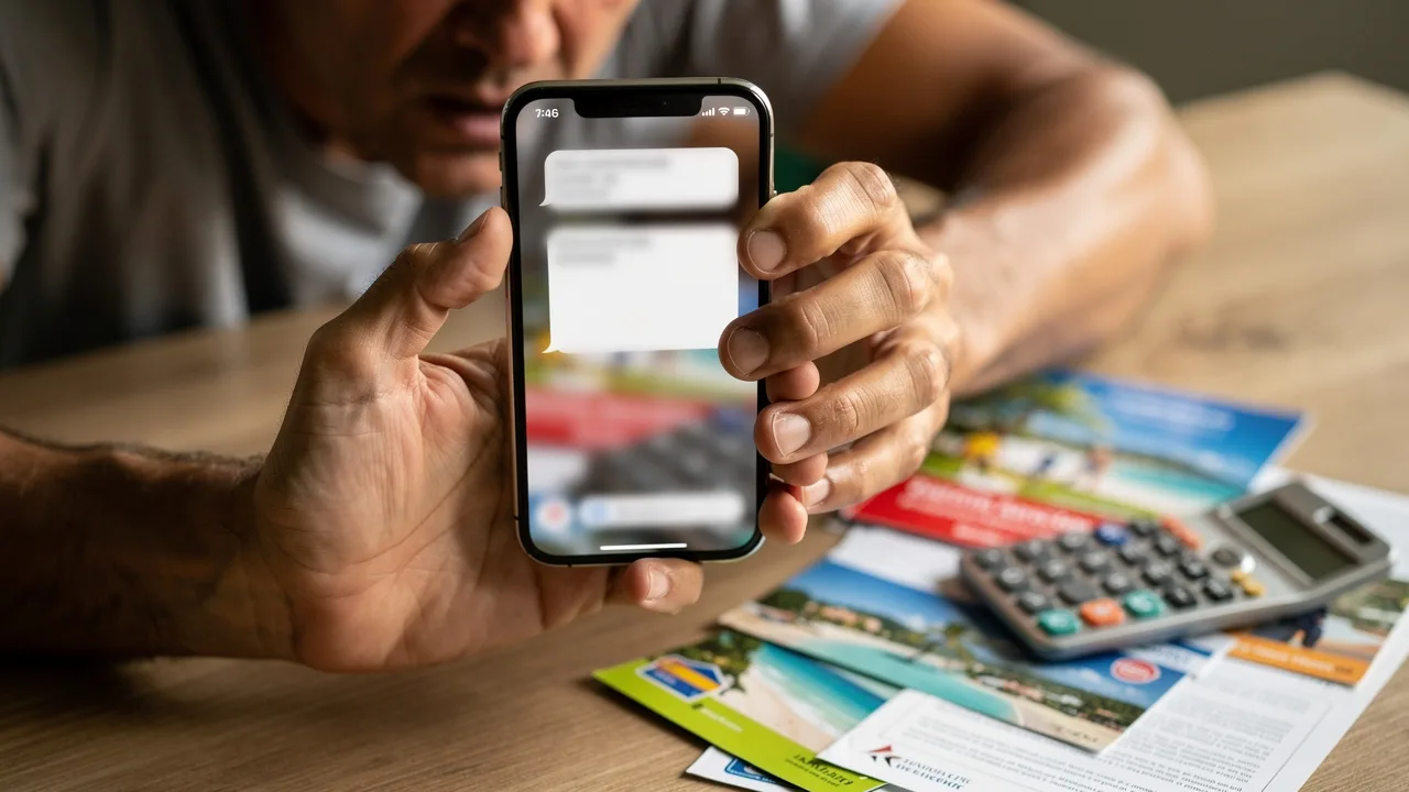 Close-up of Spanish person's hands holding smartphone showing suspicious bank SMS message on screen,
