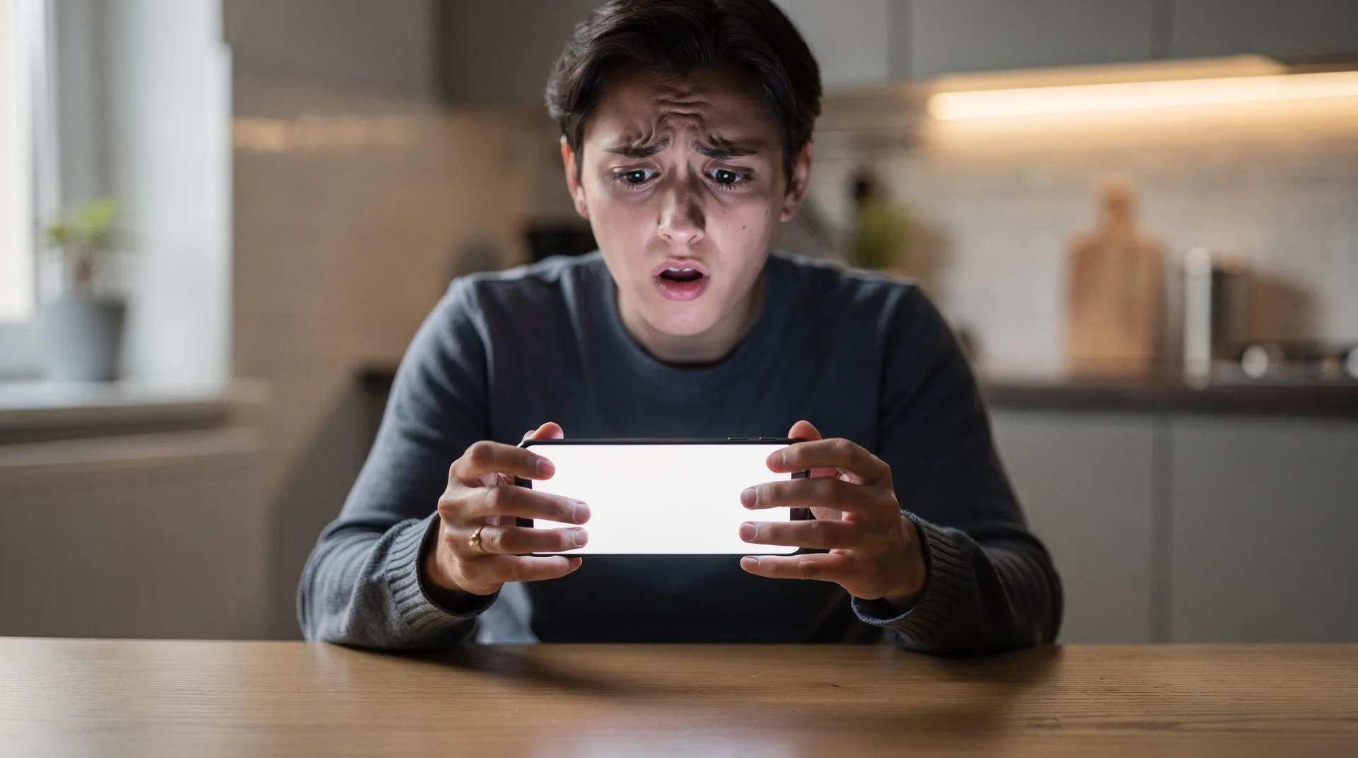 Persona mirando con desconfianza un SMS en su móvil que simula ser un aviso urgente de su banco