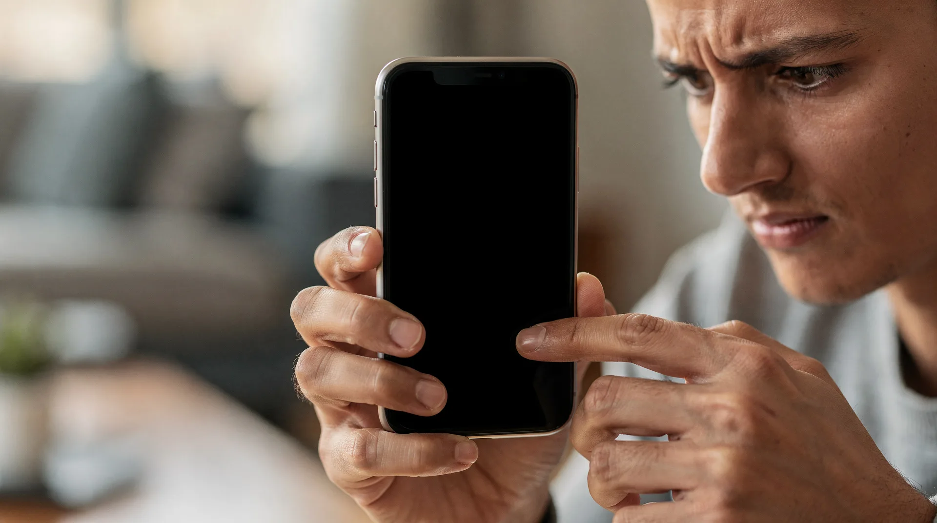 Persona mirando con desconfianza un SMS en su móvil que simula ser una alerta de seguridad de su banco