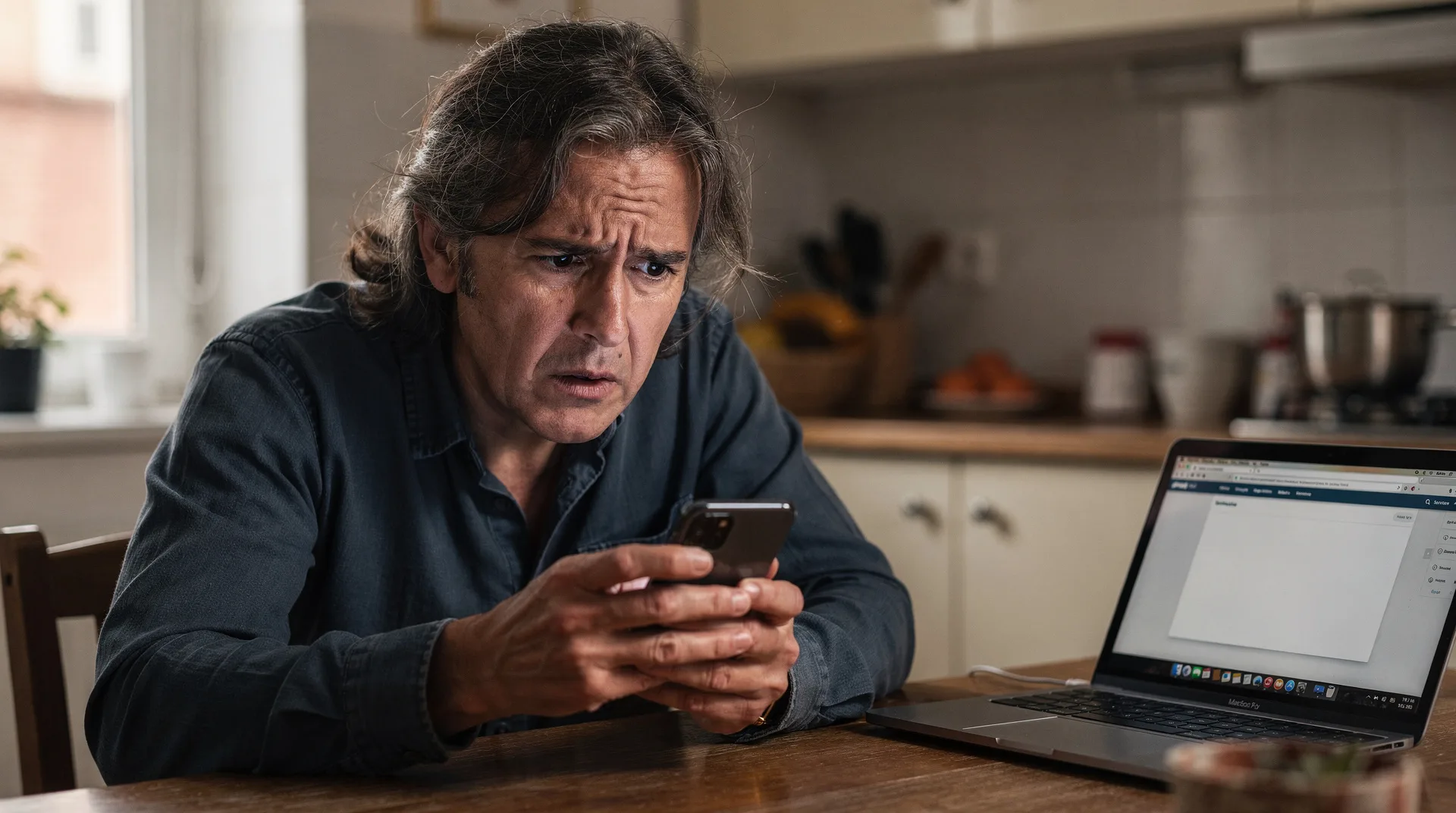 Persona mirando con preocupación un SMS sospechoso en su móvil, con la pantalla de una app bancaria al fondo.