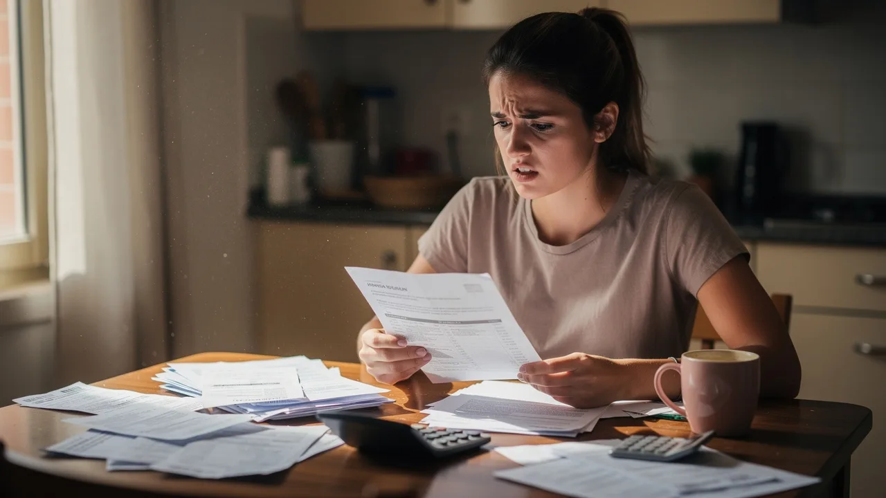 Spanish young woman reading rental contract documents with worried expression, sitting at kitchen ta