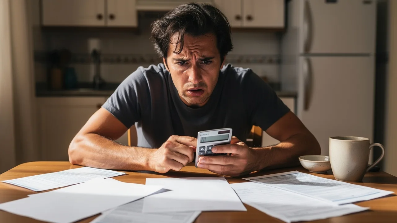 Spanish tenant reading rental contract documents at kitchen table, worried expression, holding calcu