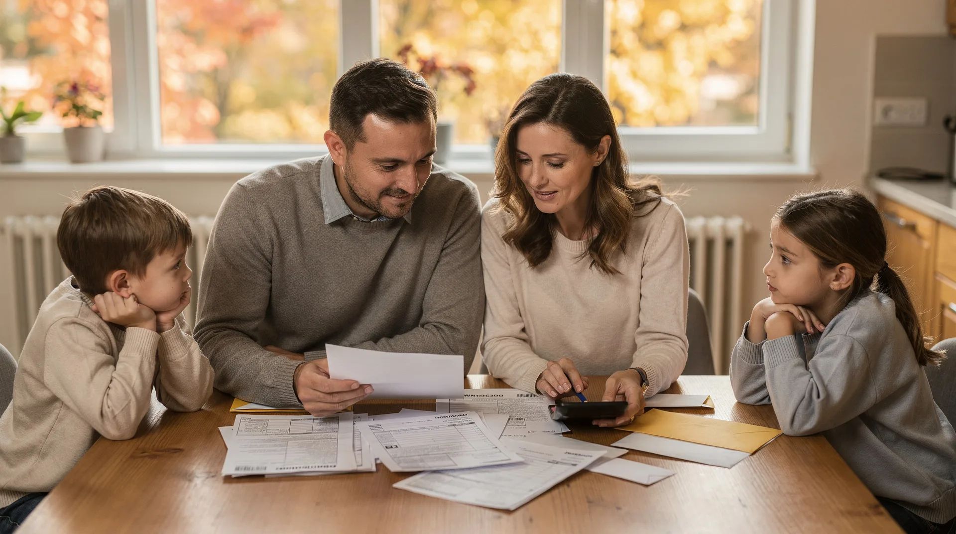 Familia revisando la factura del gas en casa con radiador encendido al fondo en otoño