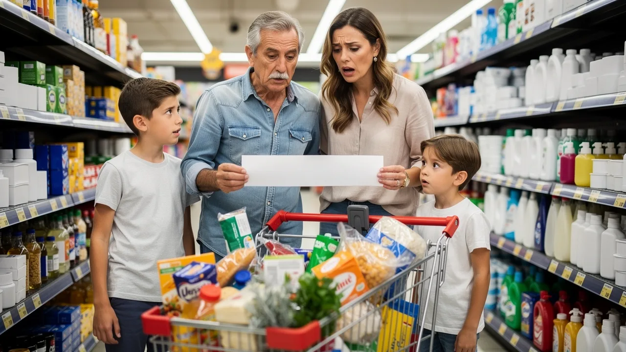 Spanish family checking grocery receipt with shocked expressions in supermarket aisle, shopping cart