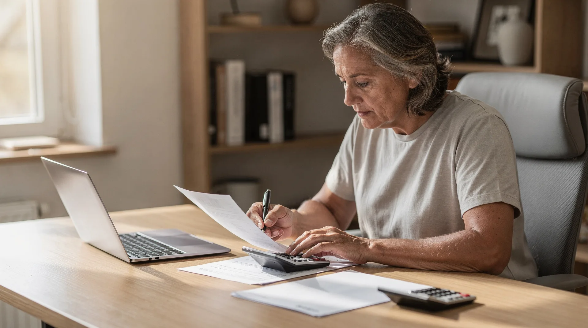 Persona mayor de 50 años revisando documentos y calculadora en una mesa de oficina en casa