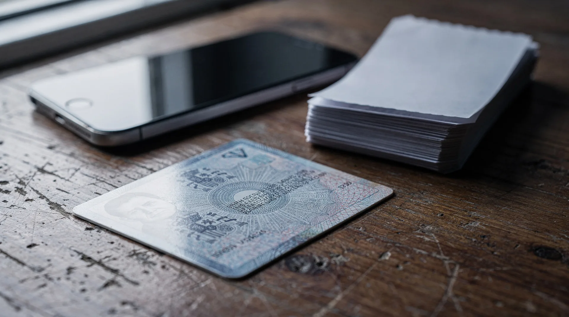 Documento de identidad español sobre una mesa junto a un teléfono móvil que muestra una notificación de financiación denegada
